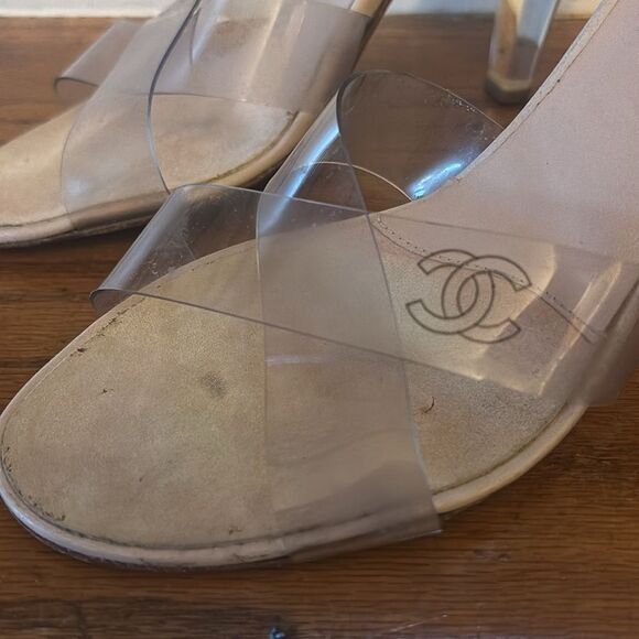Vintage Chanel Clear PVC Cross-Strap Mule Sandals with Lucite Heel 38 - Picture 4 of 8